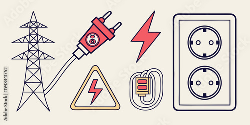electricity symbols and power transmission tower Vector