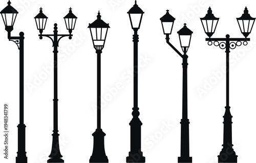 Silhouette illustration of ornate vintage street lamps with decorative designs, showcasing historical architecture, urban lighting, classic outdoor lamp posts, 