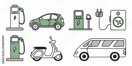 electric vehicle charging station and various vehicles Vector