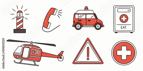 emergency response icons including ambulance helicopter and warning signs Vector