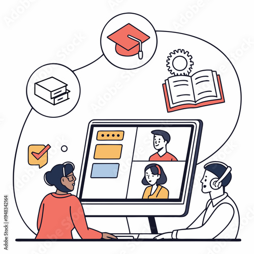 Online education and remote learning concept illustration with people in a conference and educational icons with video conference with e learning with digital education