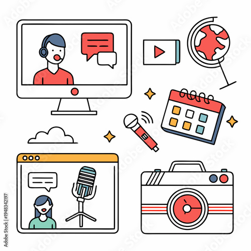 Online content creation concept with computer, microphone, camera, and calendar, icons suggest broadcasting, podcasting, and scheduled online activities, social media