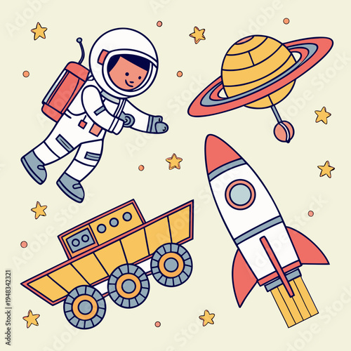 Space exploration with astronaut, rocket, and rover, cartoon style celestial adventure, sci fi, outer space, mission control