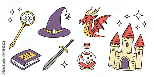 a collection of fantasy objects for magic and adventure Vector