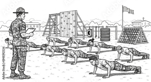 Military Drill Sergeant Overseeing Push-Ups in Training Exercise.