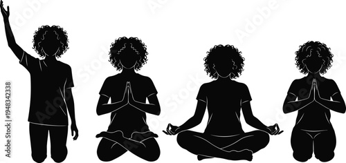 woman yoga meditation silhouette set, different mindfulness poses collection, spiritual wellness and relaxation concept, black female yoga vector illustration isolated pack