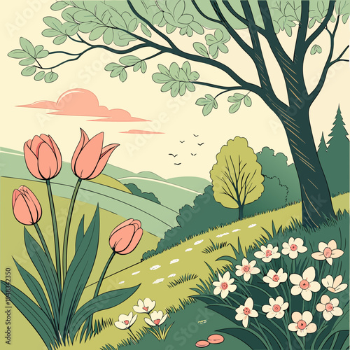 Serene spring landscape with tulips, daffodils, and rolling hills