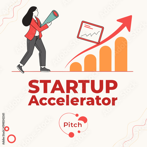 Startup accelerator concept: woman with telescope and growth chart with startup company with flat design with start up