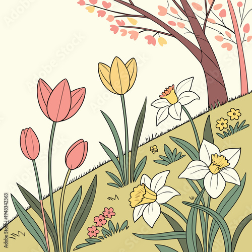 Charming spring hillside with tulips and daffodils illustration