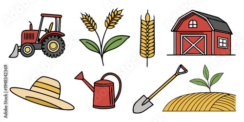 farm icons including tractor and barn Vector