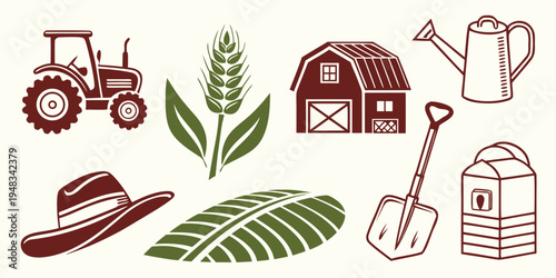 farm icons including tractor and wheat Vector