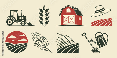 agricultural icons including tractor and barn Vector