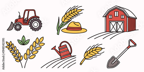 farm icons including tractor and wheat Vector