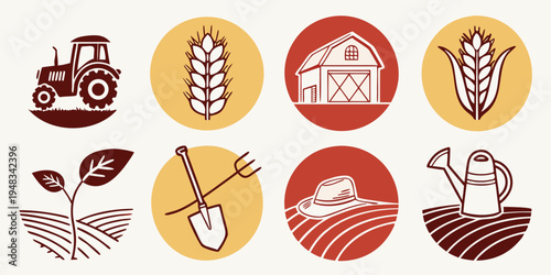 Agricultural icons featuring farm equipment and produce Vector