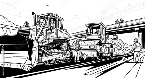 Bulldozer and Steamroller Working on Road Construction Project.