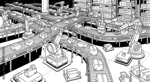 Automated Factory Assembly Line with Robotic Arms and Conveyor Belts.