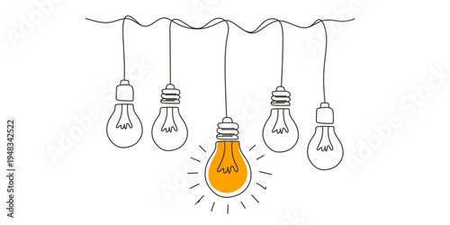 One continuous line drawing of hanging light bulbs with one shining. Concept of creative idea