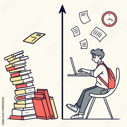 Study overload vs. efficient learning: student with laptop and towering books with self improvement with problem solving