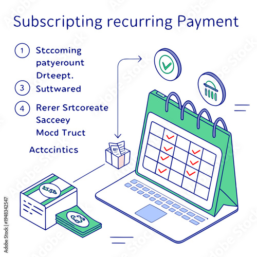 Subscription recurring payment concept: calendar, money, and secure transaction icons, credit card