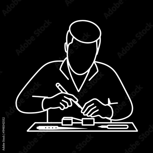 Bench Jeweler crafting fine jewelry with tools at a professional workbench, minimalist line art illustration for custom jewelry design blogs, artisan craft websites, luxury goods production.