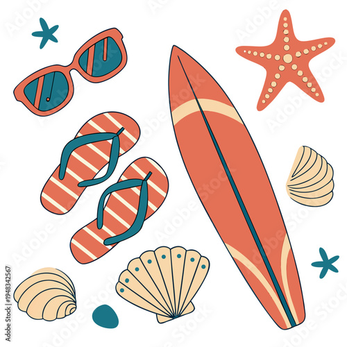 Summer beach essentials: surfboard, sunglasses, flip-flops, and seashells, flat design