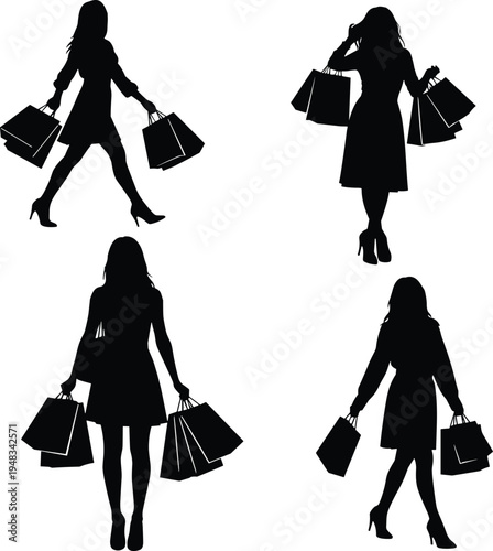 Women shopping silhouettes collection, fashionable female shoppers carrying retail bags in different poses, consumer lifestyle vector illustration isolated on white background