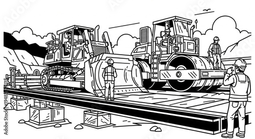 Road Rollers on a Track with Workers Supervising.