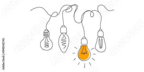 One continuous line drawing of hanging light bulbs with one shining. Concept of creative idea
