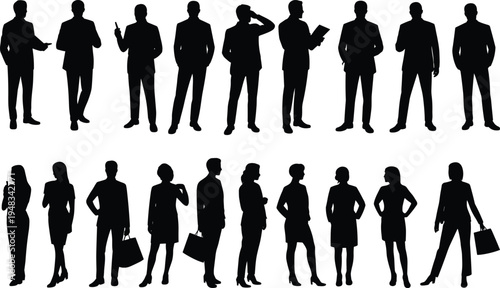 Silhouette illustration of male and female business professionals in corporate attire, showcasing diversity, teamwork, leadership, workplace collaboration, organizational success