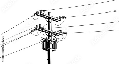 Detailed Illustration of a Utility Pole with Power Lines.