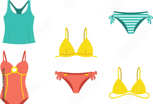 women swimwear collection set, bikini bra panties swimsuit and tank top icons, summer beach fashion clothing, colorful flat vector illustration isolated design pack