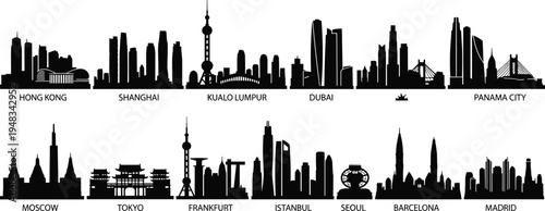 World city skyline silhouettes collection including Hong Kong, Shanghai, Kuala Lumpur, Dubai, Panama City, Moscow, Tokyo, Frankfurt, Istanbul, Seoul, Barcelona, Madrid vector illustration