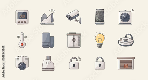 Collection of smart home device icons, including security and automation items