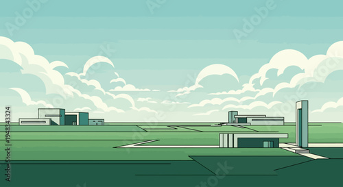 Vast green plains under a bright blue sky with stylized clouds