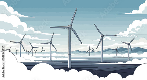 Stylized wind farm with turbines and clouds in a cool, monochromatic palette