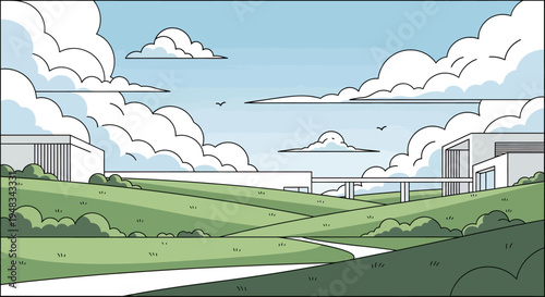 A modern landscape with rolling green hills, white buildings, and fluffy clouds