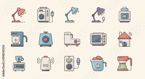 Assorted small appliances lamps, mixers, a microwave, and a house icon