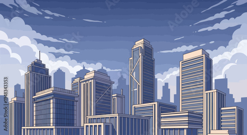 A city skyline with stylized buildings against a cloudy, twilight sky