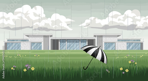 A solitary umbrella rests in a lush green field during a downpour in front of a modern building