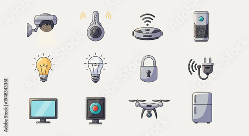 Icons of smart home devices, including security, lighting, and appliances