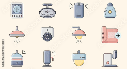 Collection of smart home devices and gadgets illustrated in a clean, modern style