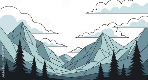 Geometric mountains and trees under a cloudy sky