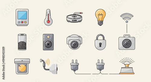 Collection of smart home devices thermostat, thermometer, vacuum, bulb, wifi, speaker, camera, lock, camera, timer, sensor, plugs, sprinkler