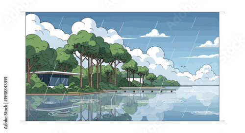 Rain falling on a modern house by a lake surrounded by lush green trees