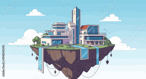 Modern architecture on a floating island with waterfalls, trees, and geometric crystals