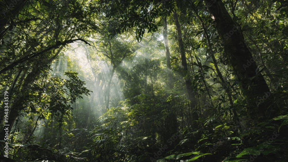 Obraz premium Sunlit green rainforest trees