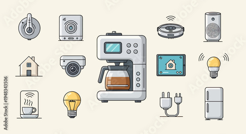 A collection of smart home devices including a coffee maker, cameras, bulbs, and appliances