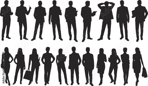 Silhouette illustration of diverse male and female business professionals in corporate attire, standing in teamwork poses, representing workplace diversity, collaboration, leadership