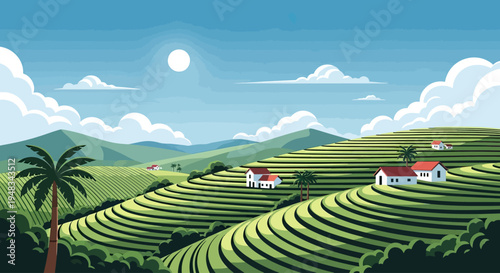 Serene landscape with rolling hills, terraced fields, and distant mountains