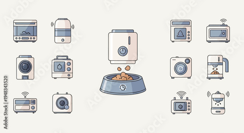 Collection of small, simplified kitchen and pet appliances in a cartoon style